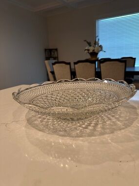 Wexford 14" cut glass fruit bowl scalloped Vtg clear service Centerpiece Round